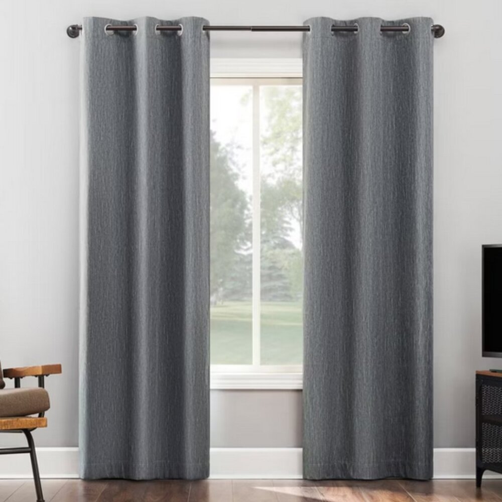 2 Panels Sun Zero Halleck Slate Blue Striped Blackout Grommet Curtains 37" x 84"